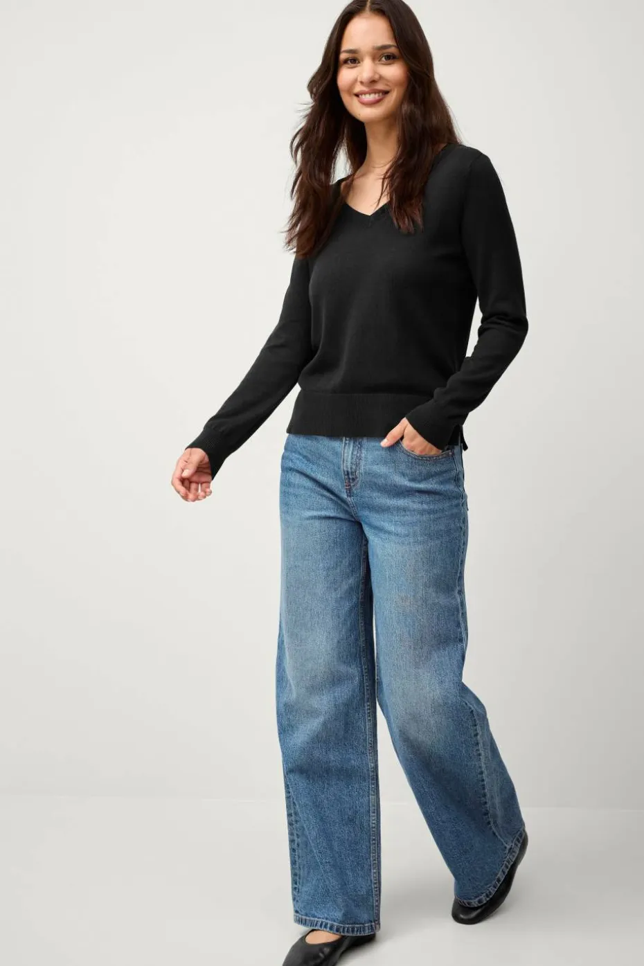 Ellos Collection Finstrikket genser med v-hals